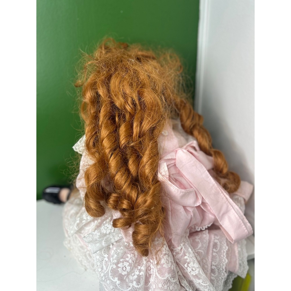 Vintage Porcelain Doll Red Hair Blue Eyes Freckles Pink Lace Dress Victorian - Picture 8 of 9